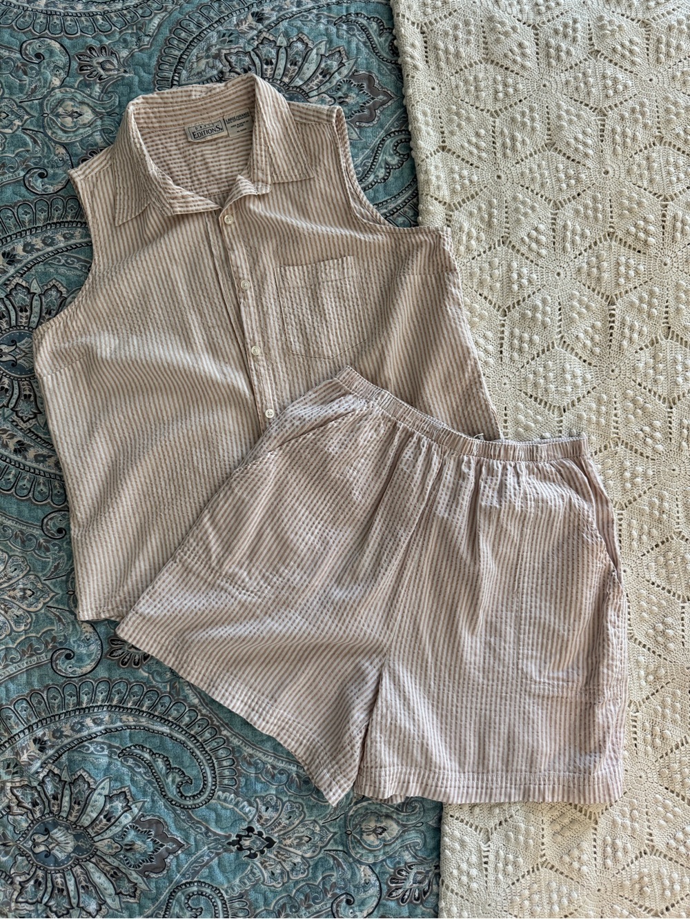 Basic Editions Sleeveless Shirt and Shorts Set in Light Beige Stripe